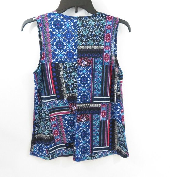 Bobby Brooks Knit Top Sleeveless Multicolor Patchwork Ladder Lace V-Neck - Picture 5 of 9